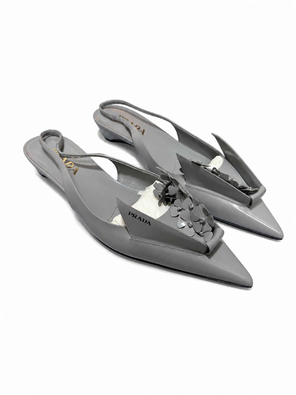 Prada Gray Pointed Slingback Flats with Floral Appliqué Detail